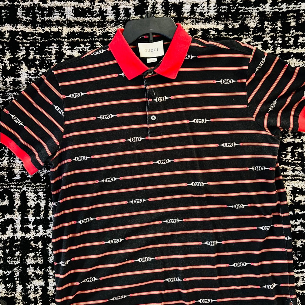 Gucci Men's Polo with Black and Red Stripes